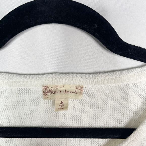 Hem & Thread Medium M White Striped Sleeve Scoop Neck Sweater Red Black Cotton - Picture 8 of 10